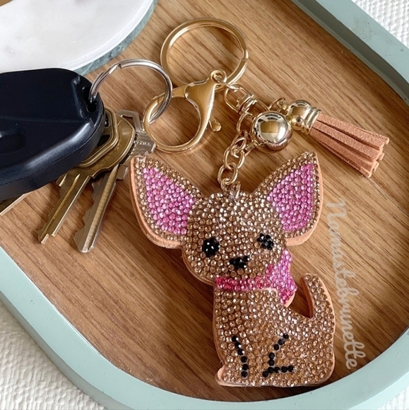 Chihuahua Dog Crystal Rhinestone Keychain Bag Charm With Tan Tassel - Picture 6 of 17